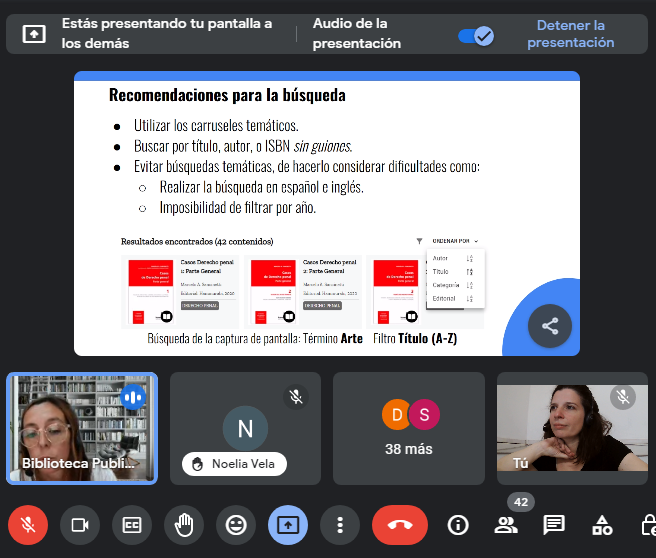 Captura de una capacitación virtual mostrando recomendaciones para la búsqueda en la plataforma de libros digitales de la empresa BIDI.